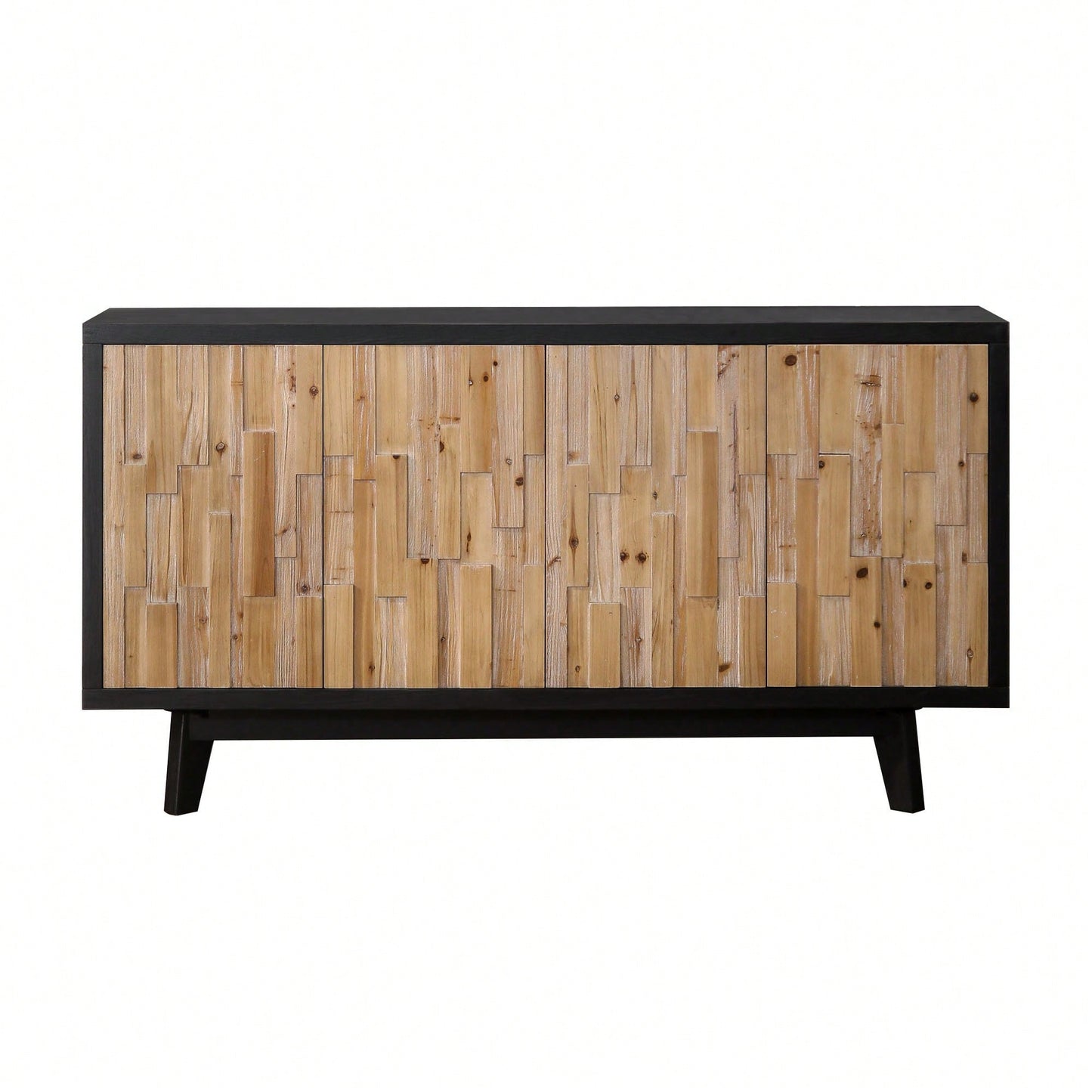 Natural Wood 4-Door Storage Cabinet With Textured Geometric Design For Stylish Organization