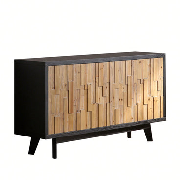 Natural Wood 4-Door Storage Cabinet With Textured Geometric Design For Stylish Organization