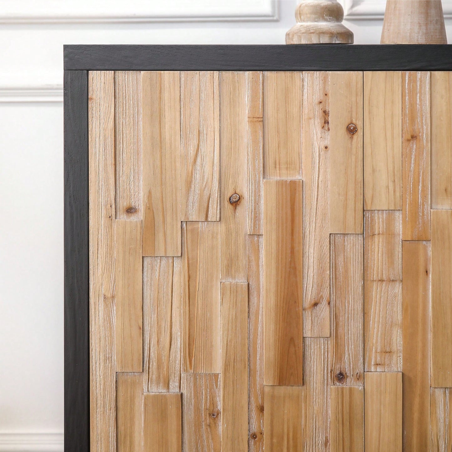 Natural Wood 4-Door Storage Cabinet With Textured Geometric Design For Stylish Organization