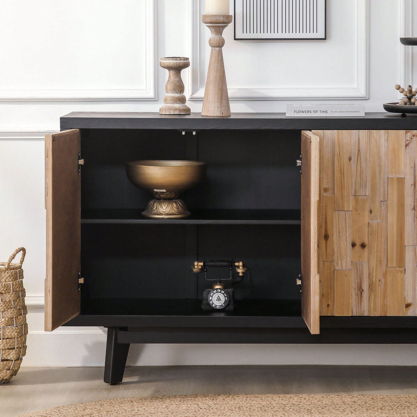 Natural Wood 4-Door Storage Cabinet With Textured Geometric Design For Stylish Organization
