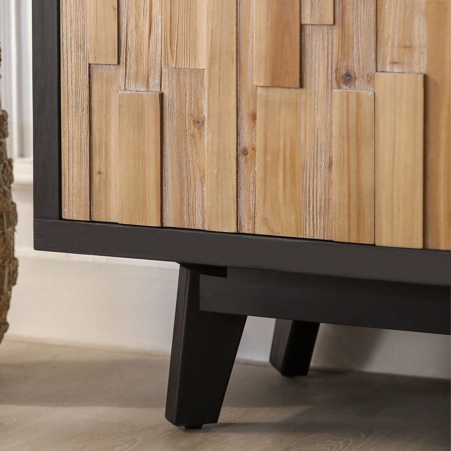 Natural Wood 4-Door Storage Cabinet With Textured Geometric Design For Stylish Organization