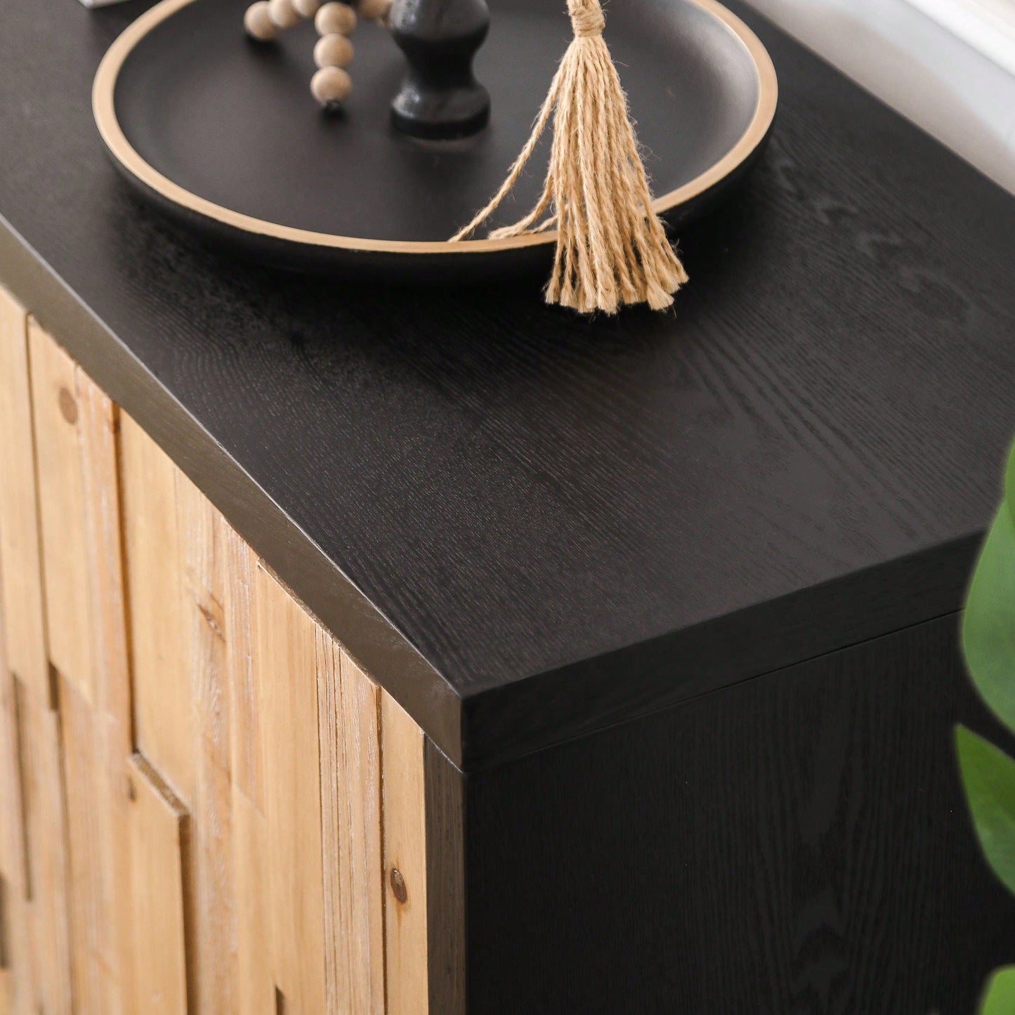 Natural Wood 4-Door Storage Cabinet With Textured Geometric Design For Stylish Organization