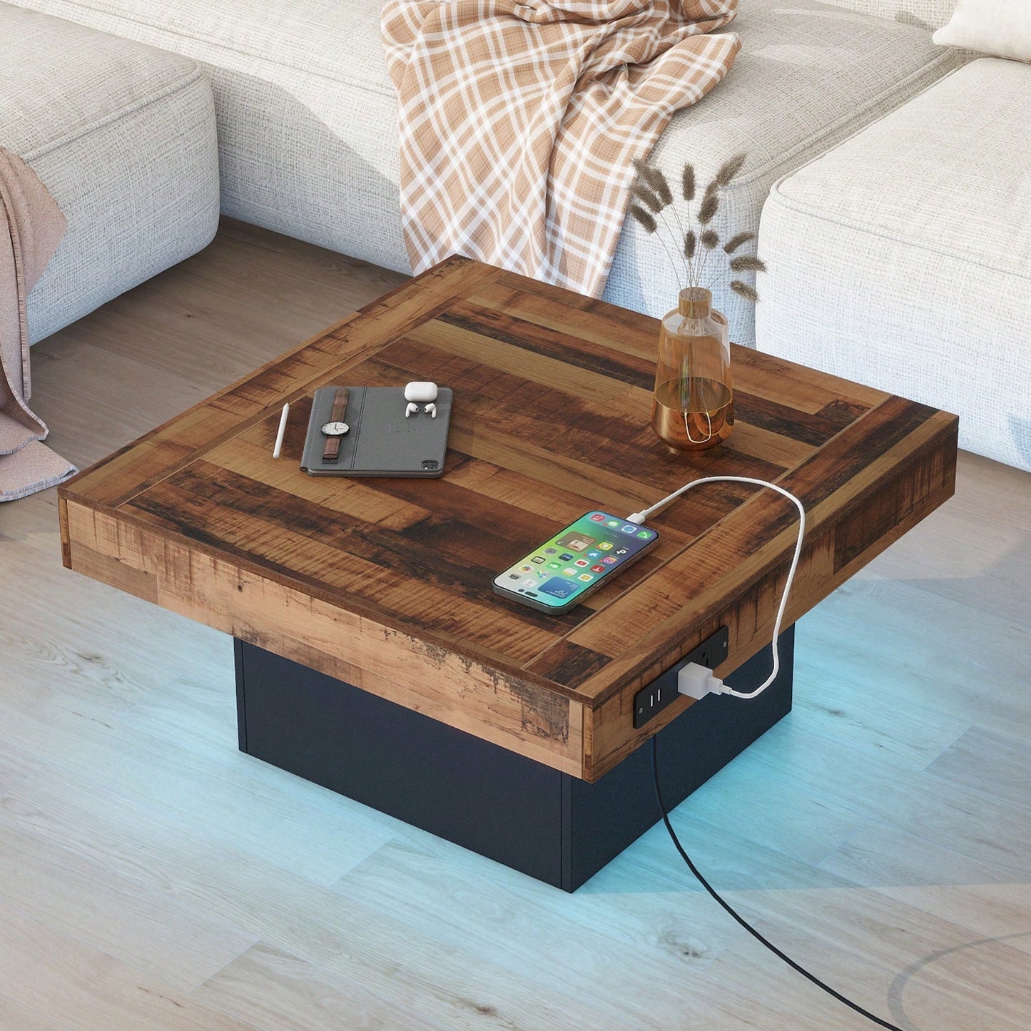 Rustic Farmhouse Coffee Table With USB Ports And Outlets, Brown Wood Grain Center Table With LED Light, Charging Station For Living Room