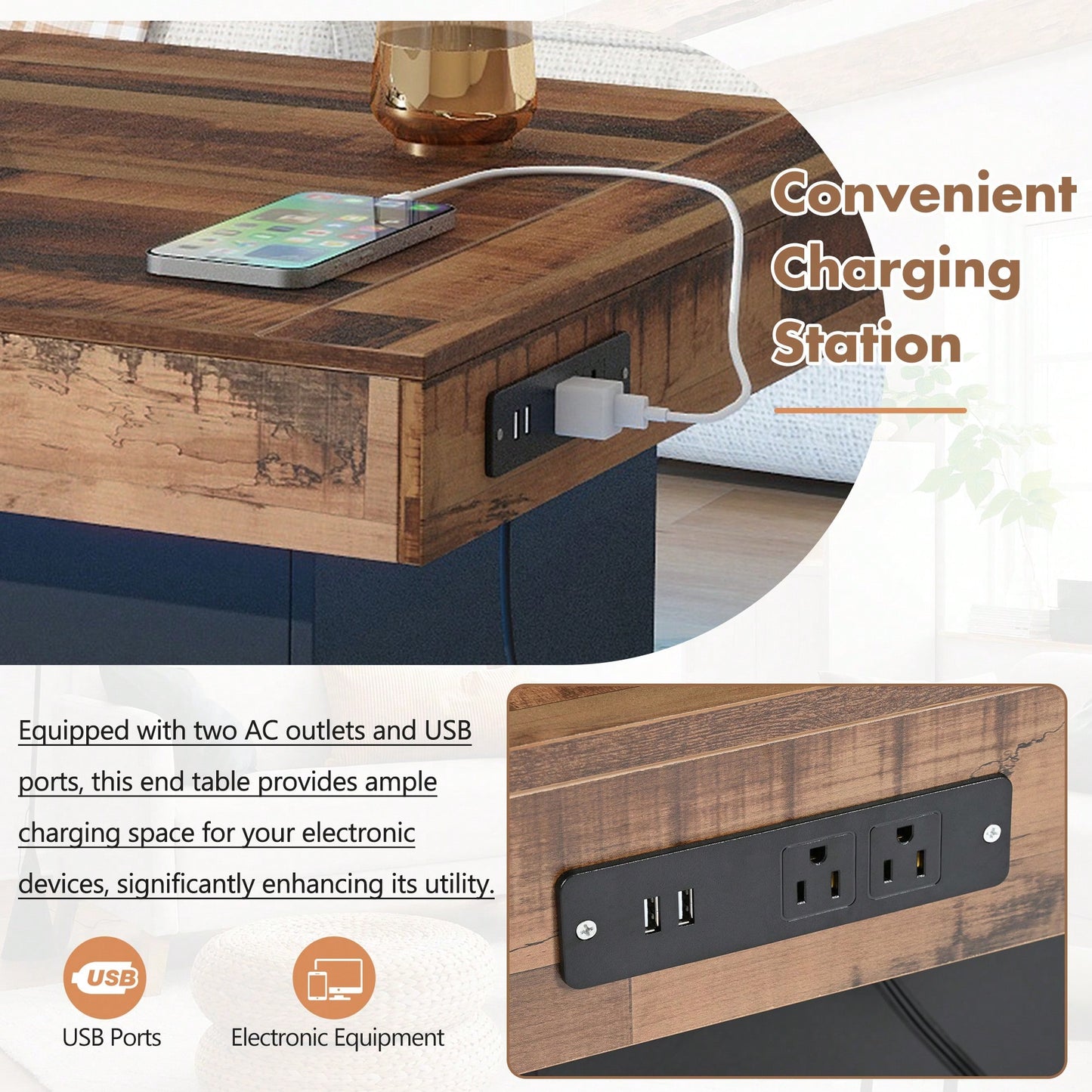 Rustic Farmhouse Coffee Table With USB Ports And Outlets, Brown Wood Grain Center Table With LED Light, Charging Station For Living Room