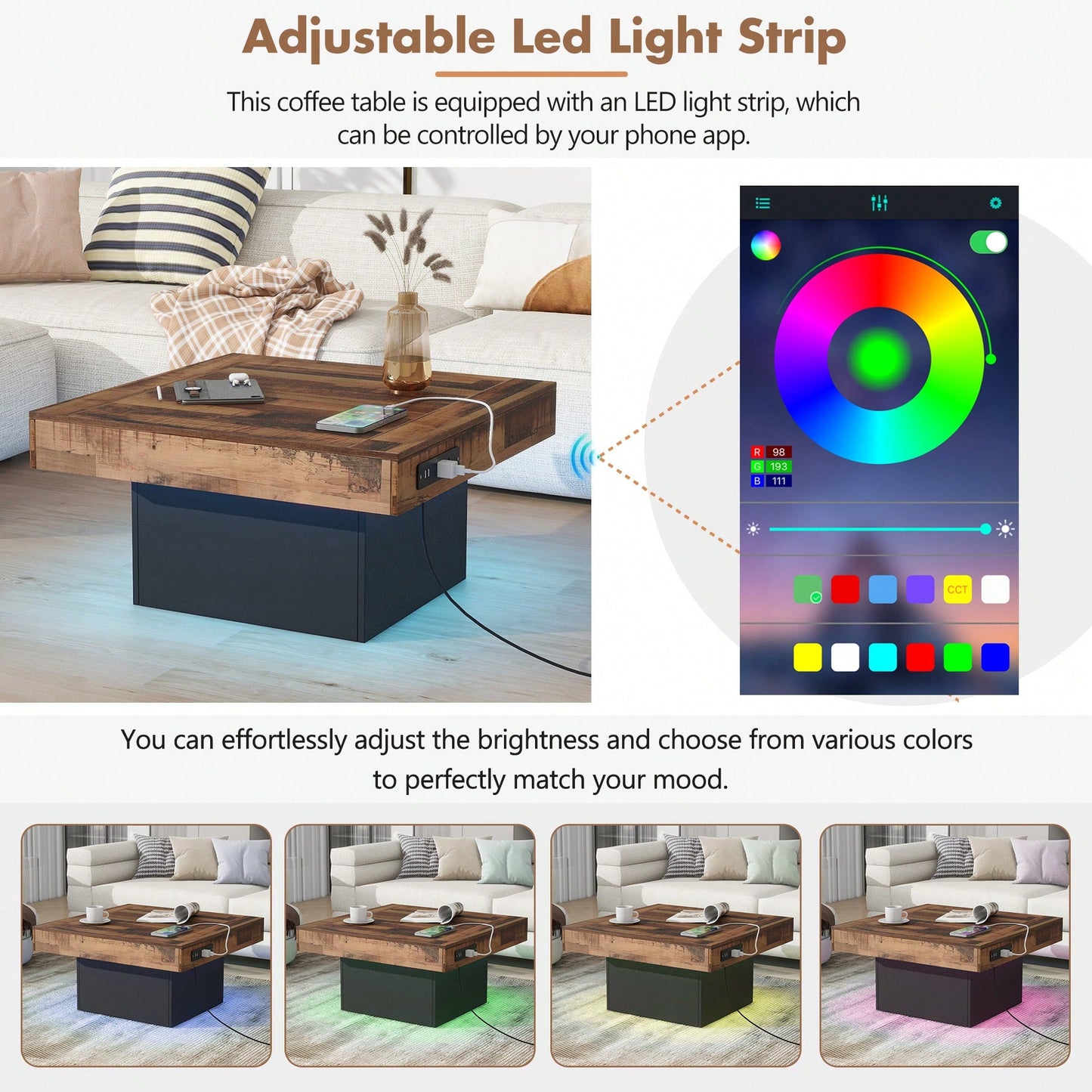 Rustic Farmhouse Coffee Table With USB Ports And Outlets, Brown Wood Grain Center Table With LED Light, Charging Station For Living Room