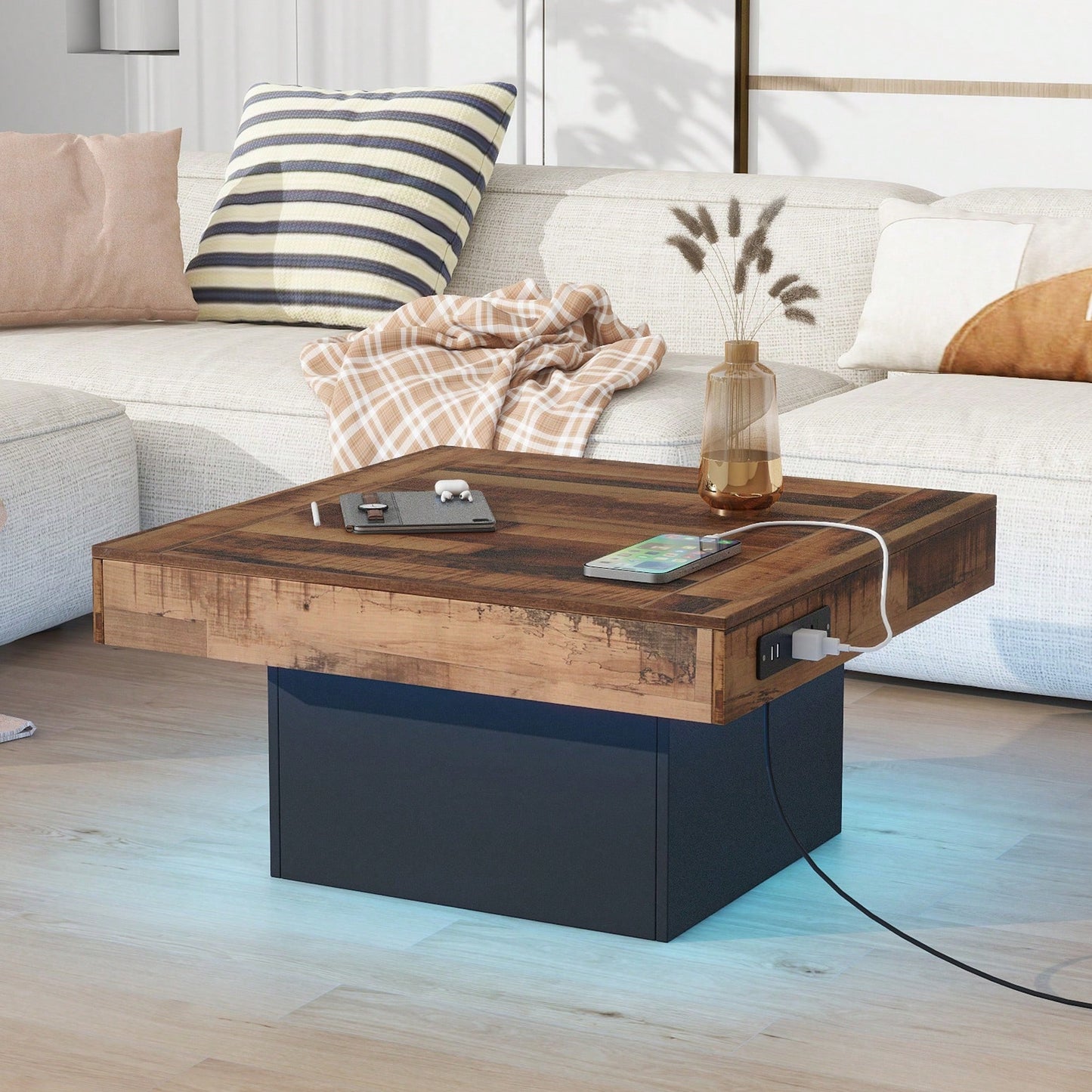 Rustic Farmhouse Coffee Table With USB Ports And Outlets, Brown Wood Grain Center Table With LED Light, Charging Station For Living Room