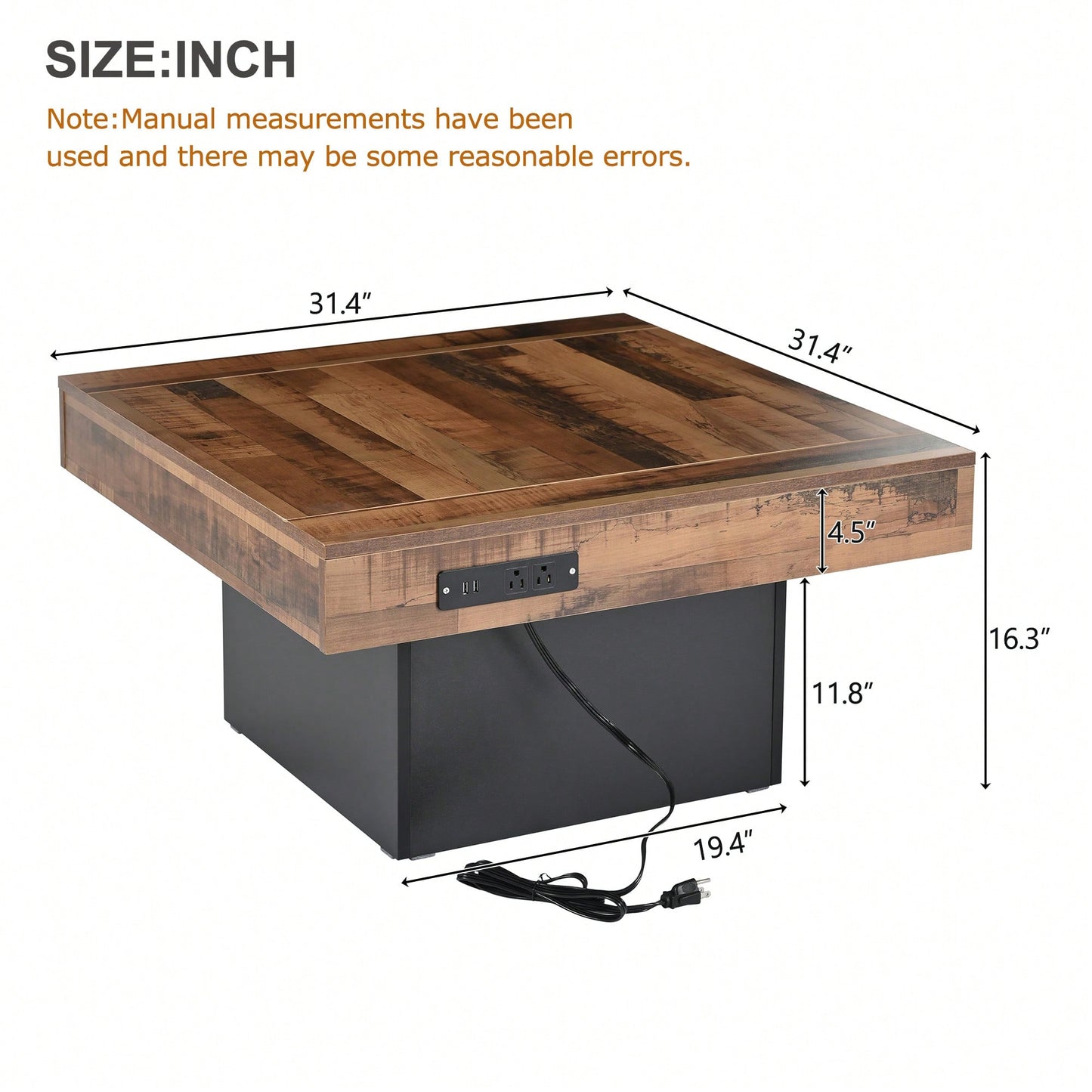 Rustic Farmhouse Coffee Table With USB Ports And Outlets, Brown Wood Grain Center Table With LED Light, Charging Station For Living Room