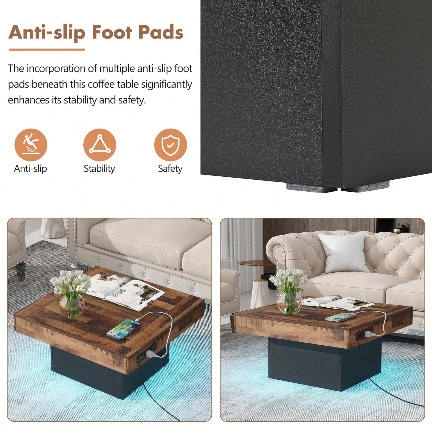 Rustic Farmhouse Coffee Table With USB Ports And Outlets, Brown Wood Grain Center Table With LED Light, Charging Station For Living Room
