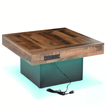 Rustic Farmhouse Coffee Table With USB Ports And Outlets, Brown Wood Grain Center Table With LED Light, Charging Station For Living Room