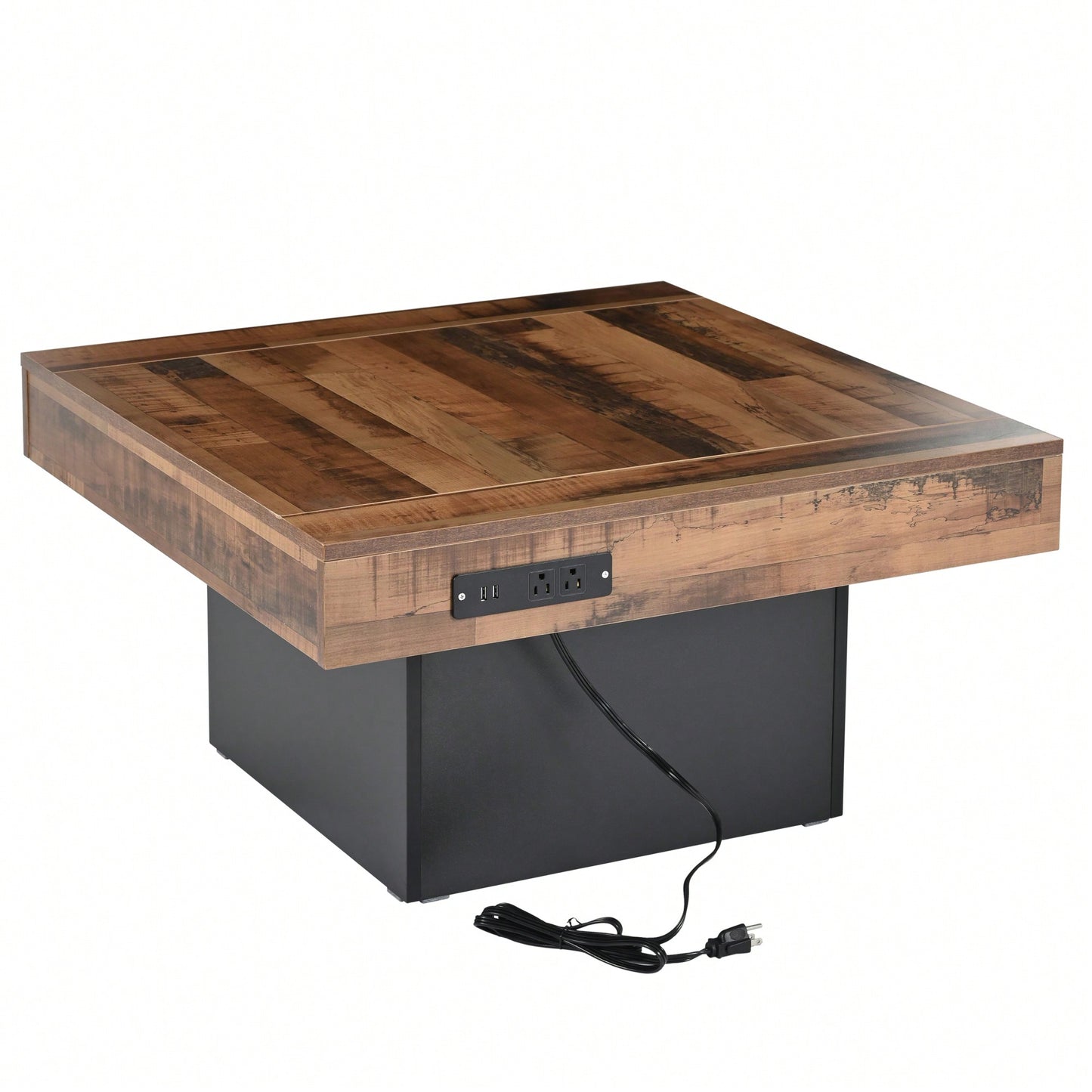 Rustic Farmhouse Coffee Table With USB Ports And Outlets, Brown Wood Grain Center Table With LED Light, Charging Station For Living Room