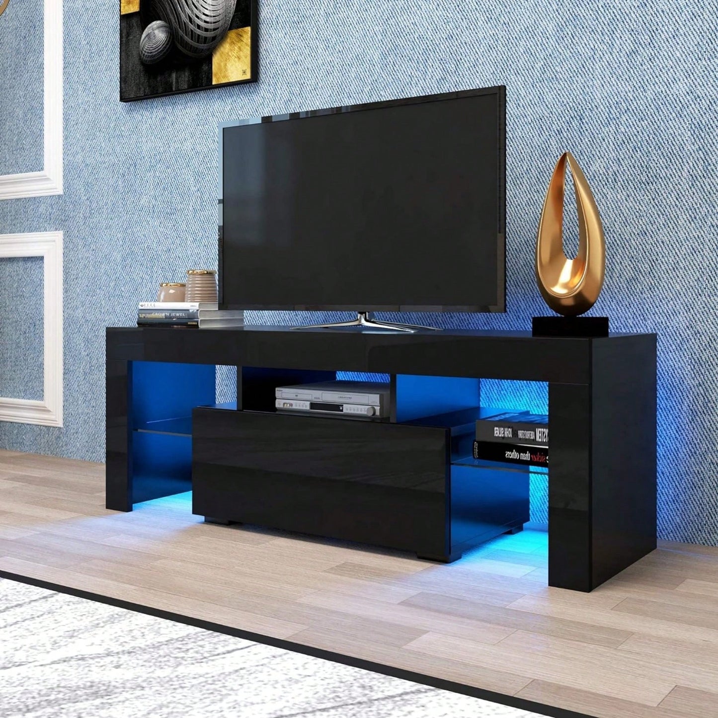 Modern LED TV Stand for Up to 55 Inch TVs with Glass Shelf Glossy Finish Stylish Entertainment Center for Living Room Bedroom White