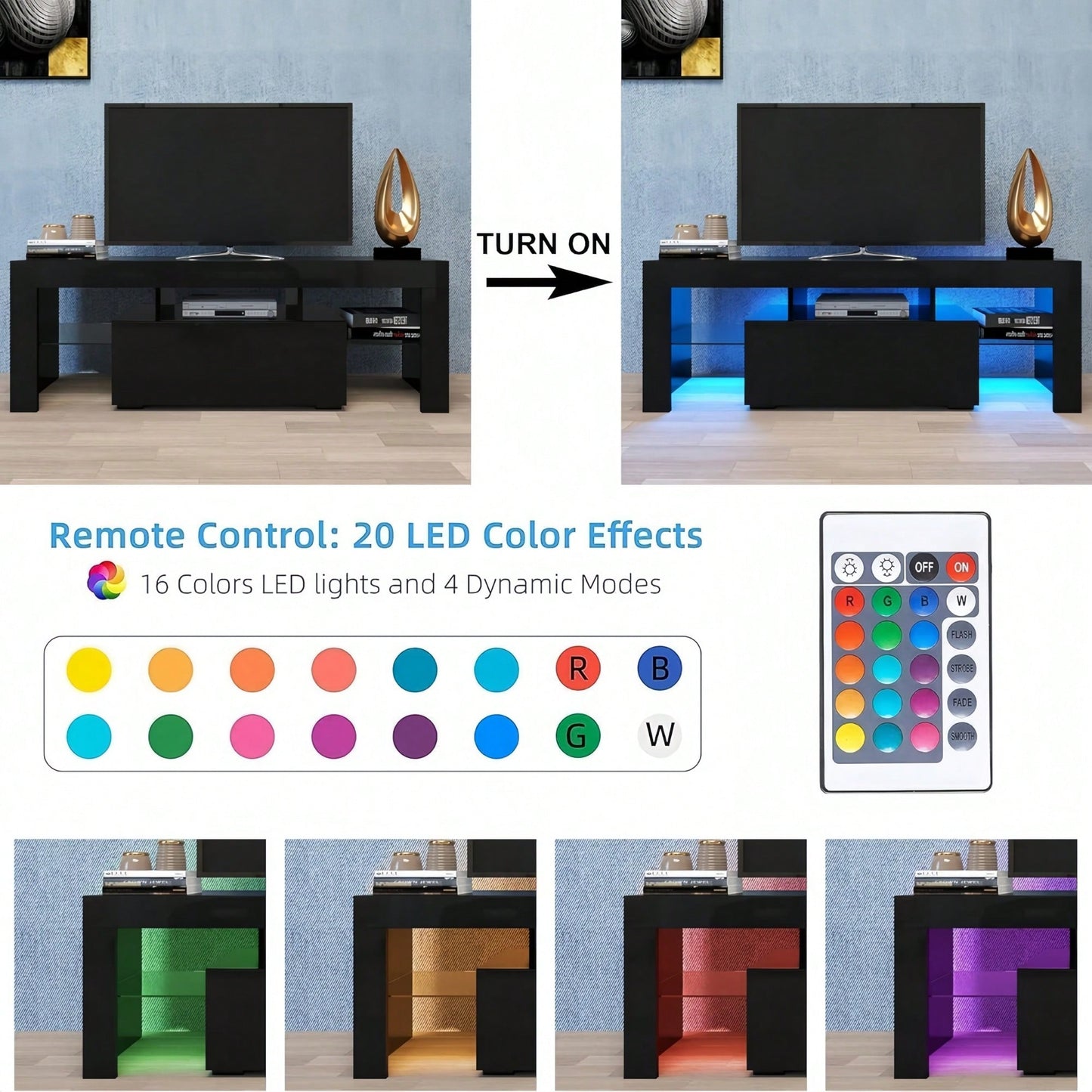 Modern LED TV Stand for Up to 55 Inch TVs with Glass Shelf Glossy Finish Stylish Entertainment Center for Living Room Bedroom White