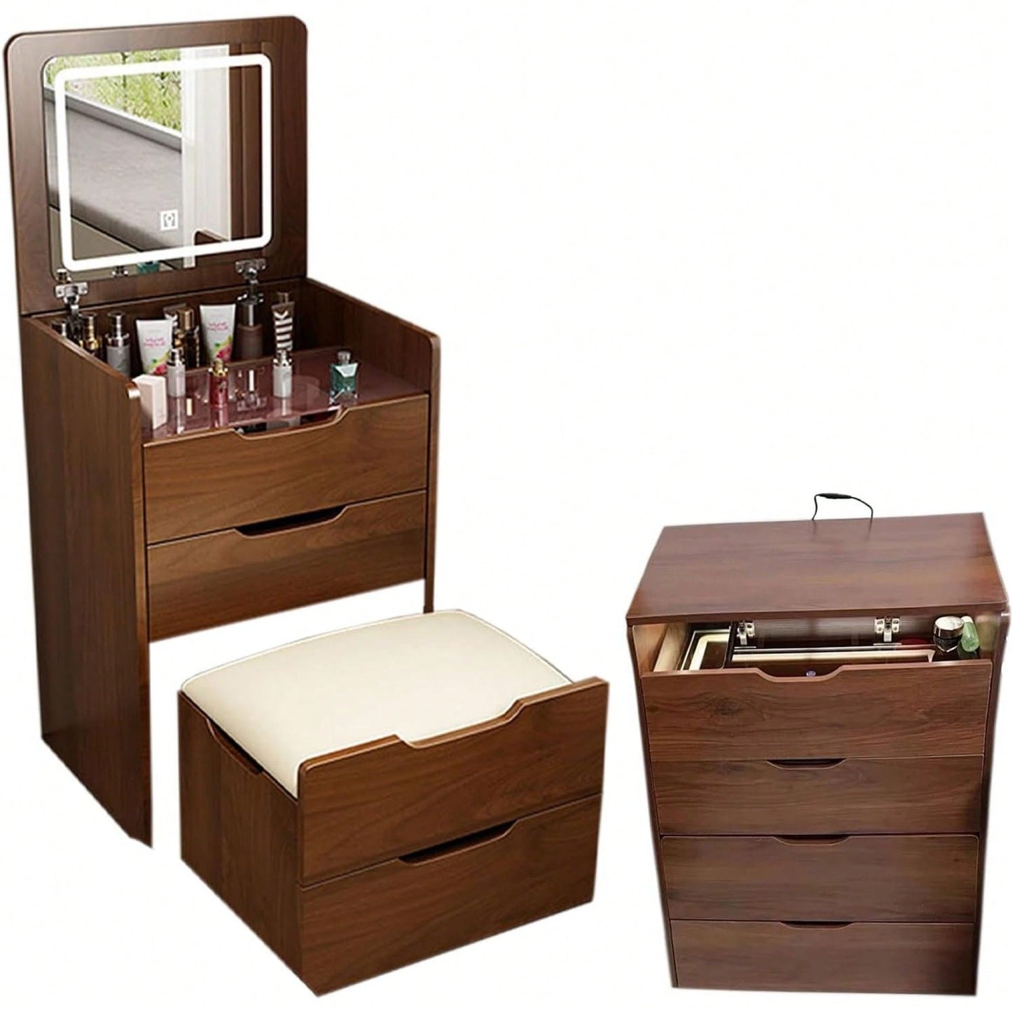 Compact 3 In 1 Vanity Desk With Flip Top Mirror And Glass Desktop, Small Makeup Vanity Set With 3 Drawers And Cushioned Stool For Bedroom