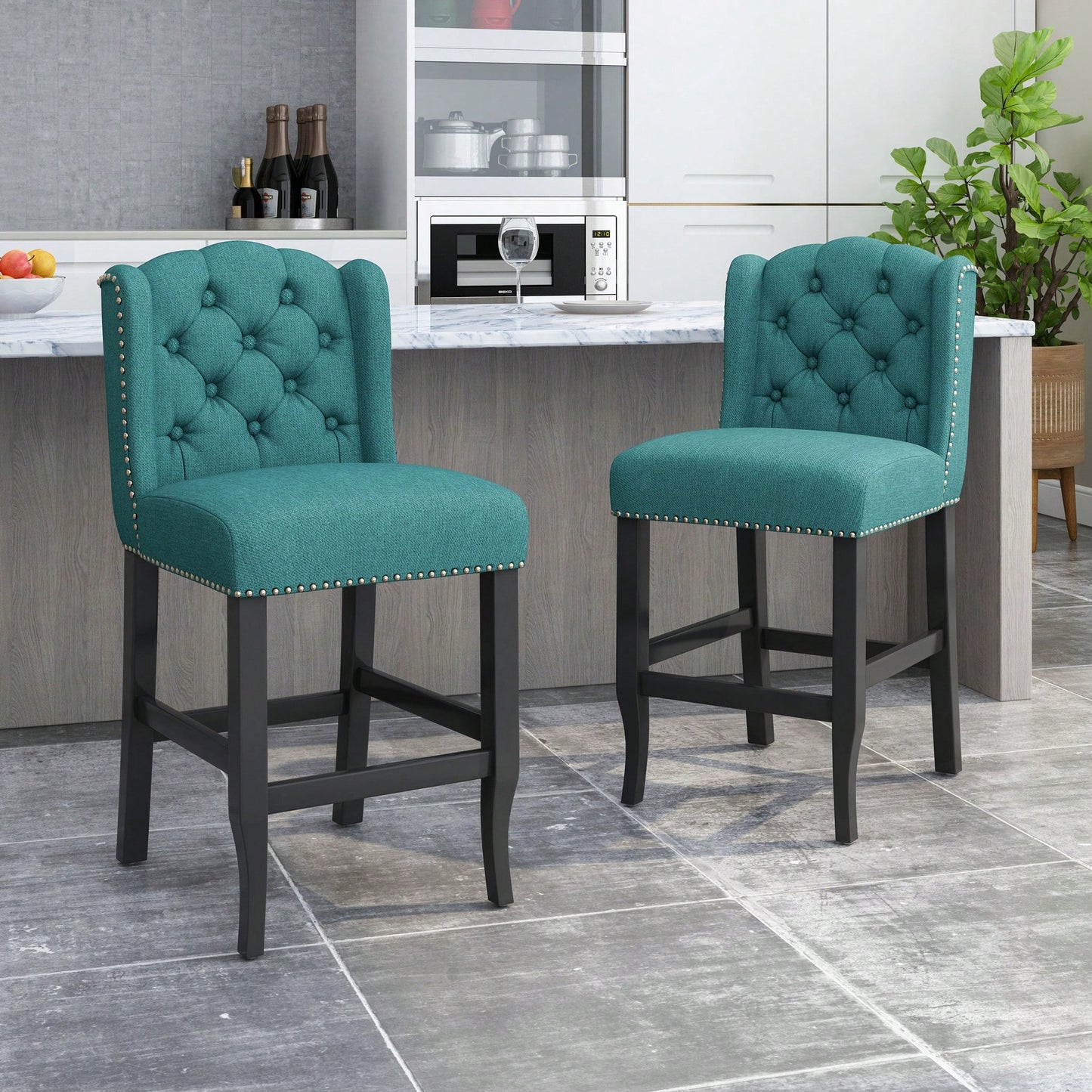 Fabric Tufted Wingback Counter Stools Set Of 2 For Kitchen Or Bar Charcoal And Dark Brown