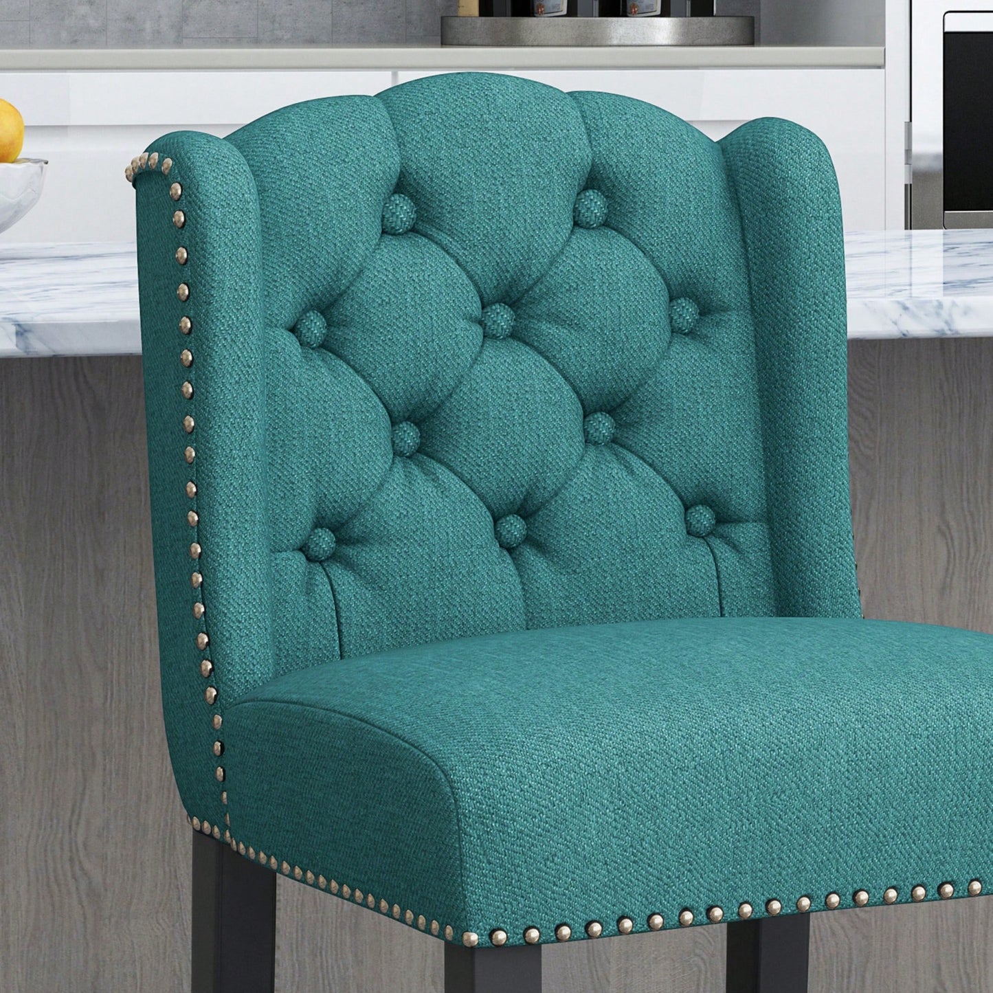 Fabric Tufted Wingback Counter Stools Set Of 2 For Kitchen Or Bar Charcoal And Dark Brown