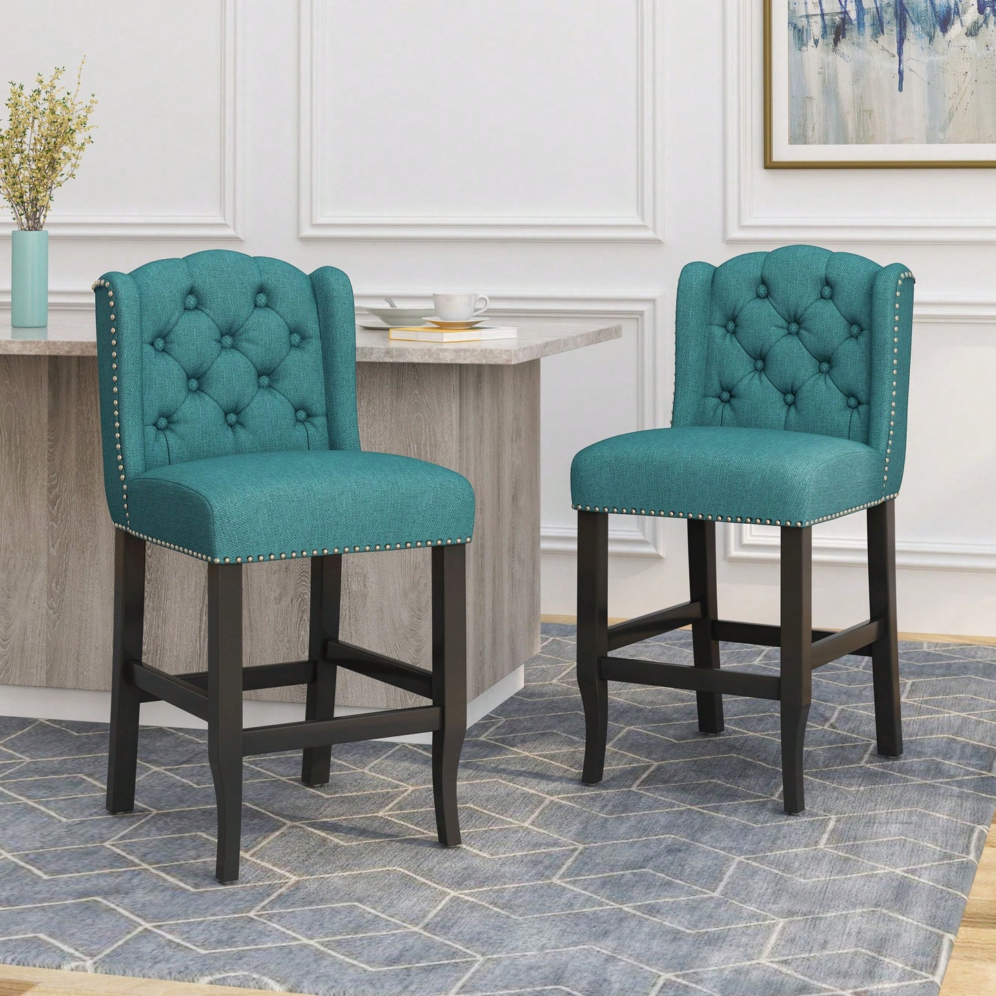Fabric Tufted Wingback Counter Stools Set Of 2 For Kitchen Or Bar Charcoal And Dark Brown