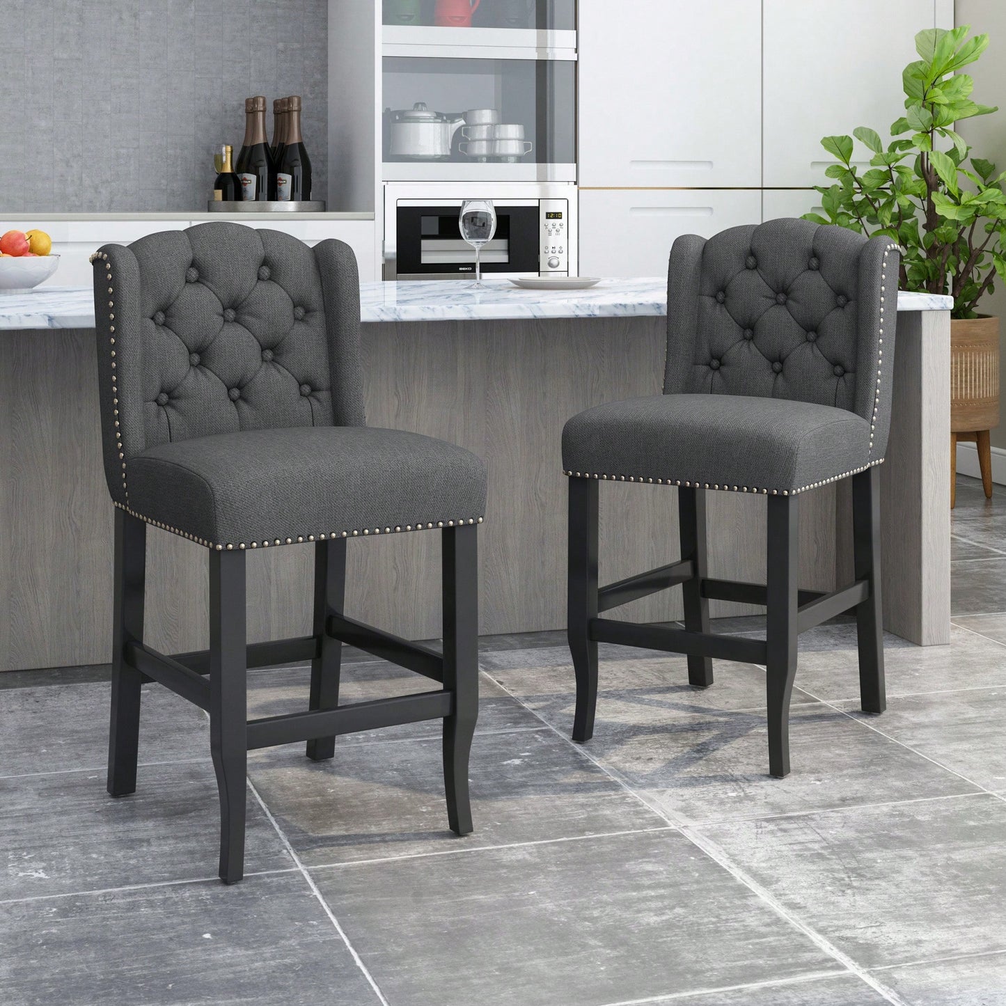 Fabric Tufted Wingback Counter Stools Set Of 2 For Kitchen Or Bar Charcoal And Dark Brown