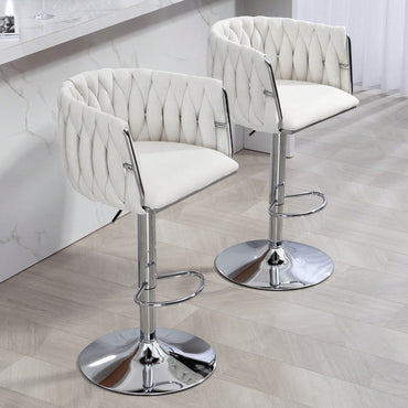 Adjustable 360° Swivel Bar Stools Set Of 2 With Woven Back And Footrest For Kitchen Island Cafe Pub Beige