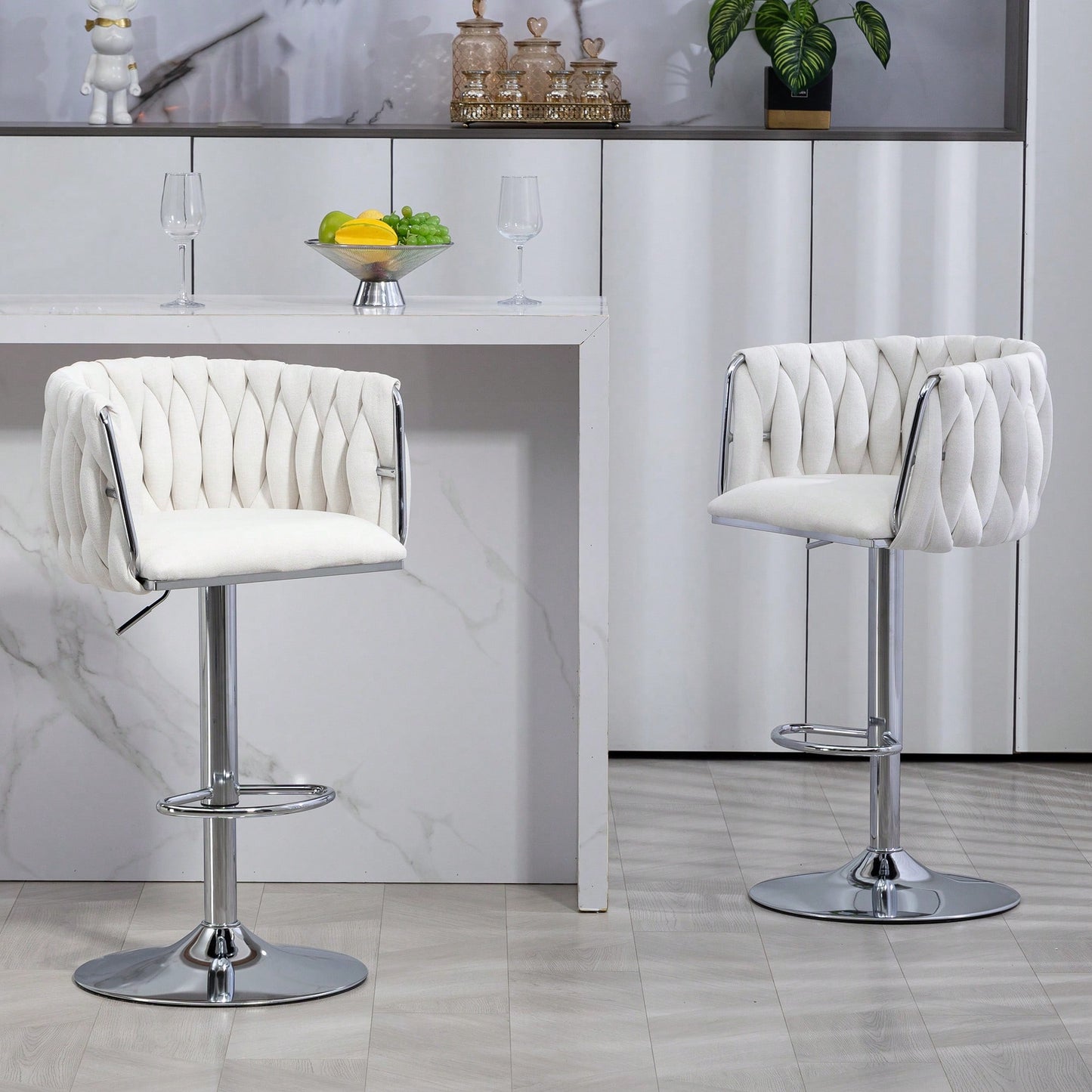 Adjustable 360° Swivel Bar Stools Set Of 2 With Woven Back And Footrest For Kitchen Island Cafe Pub Beige
