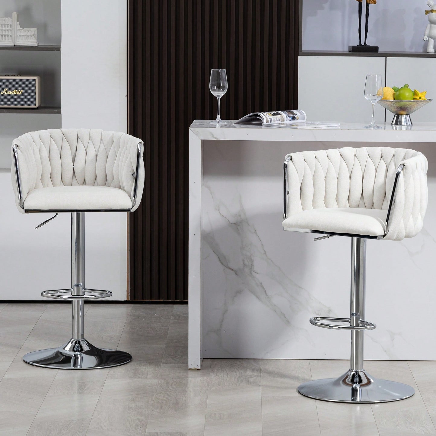 Adjustable 360° Swivel Bar Stools Set Of 2 With Woven Back And Footrest For Kitchen Island Cafe Pub Beige