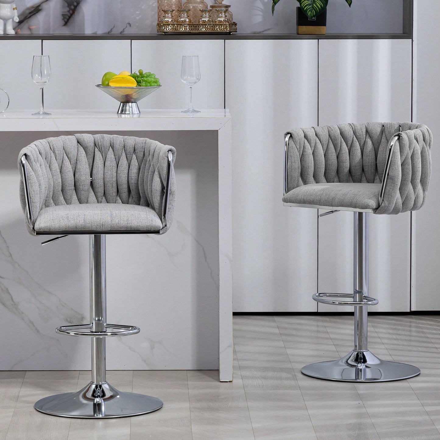 Adjustable 360° Swivel Bar Stools Set Of 2 With Woven Back And Footrest For Kitchen Island Cafe Pub Beige