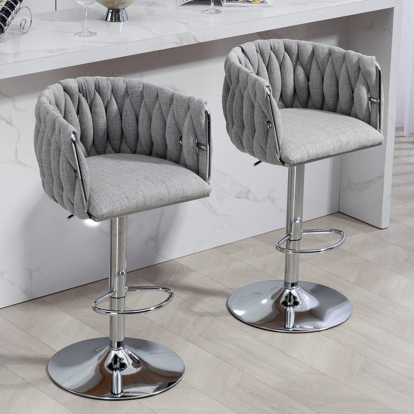 Adjustable 360° Swivel Bar Stools Set Of 2 With Woven Back And Footrest For Kitchen Island Cafe Pub Beige