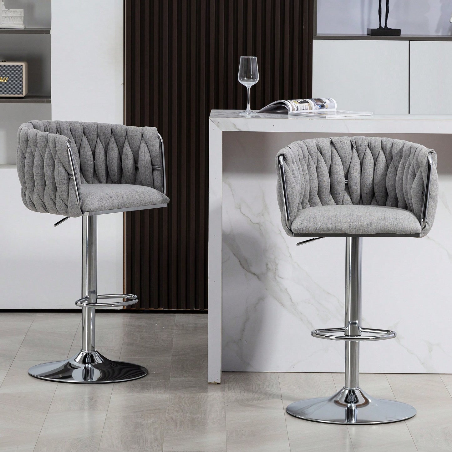 Adjustable 360° Swivel Bar Stools Set Of 2 With Woven Back And Footrest For Kitchen Island Cafe Pub Beige