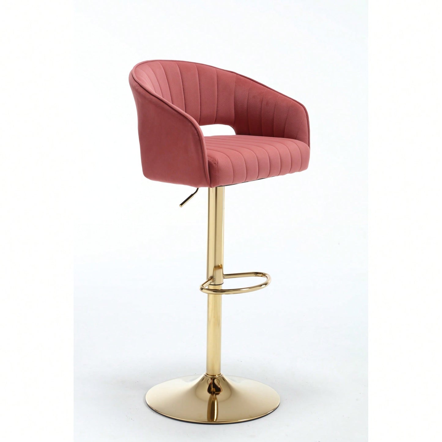 Elegant Velvet Bar Chair With Hollowed-Out Back And Armrests, Gold Cross-Legged Base, Height Adjustable