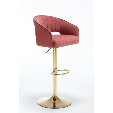 Elegant Velvet Bar Chair With Hollowed-Out Back And Armrests, Gold Cross-Legged Base, Height Adjustable