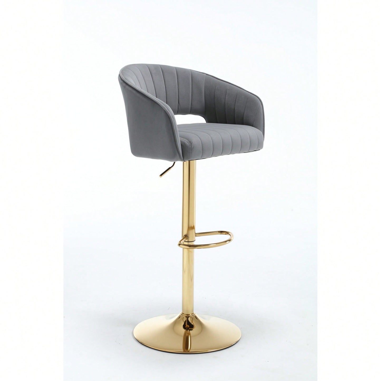 Elegant Velvet Bar Chair With Hollowed-Out Back And Armrests, Gold Cross-Legged Base, Height Adjustable