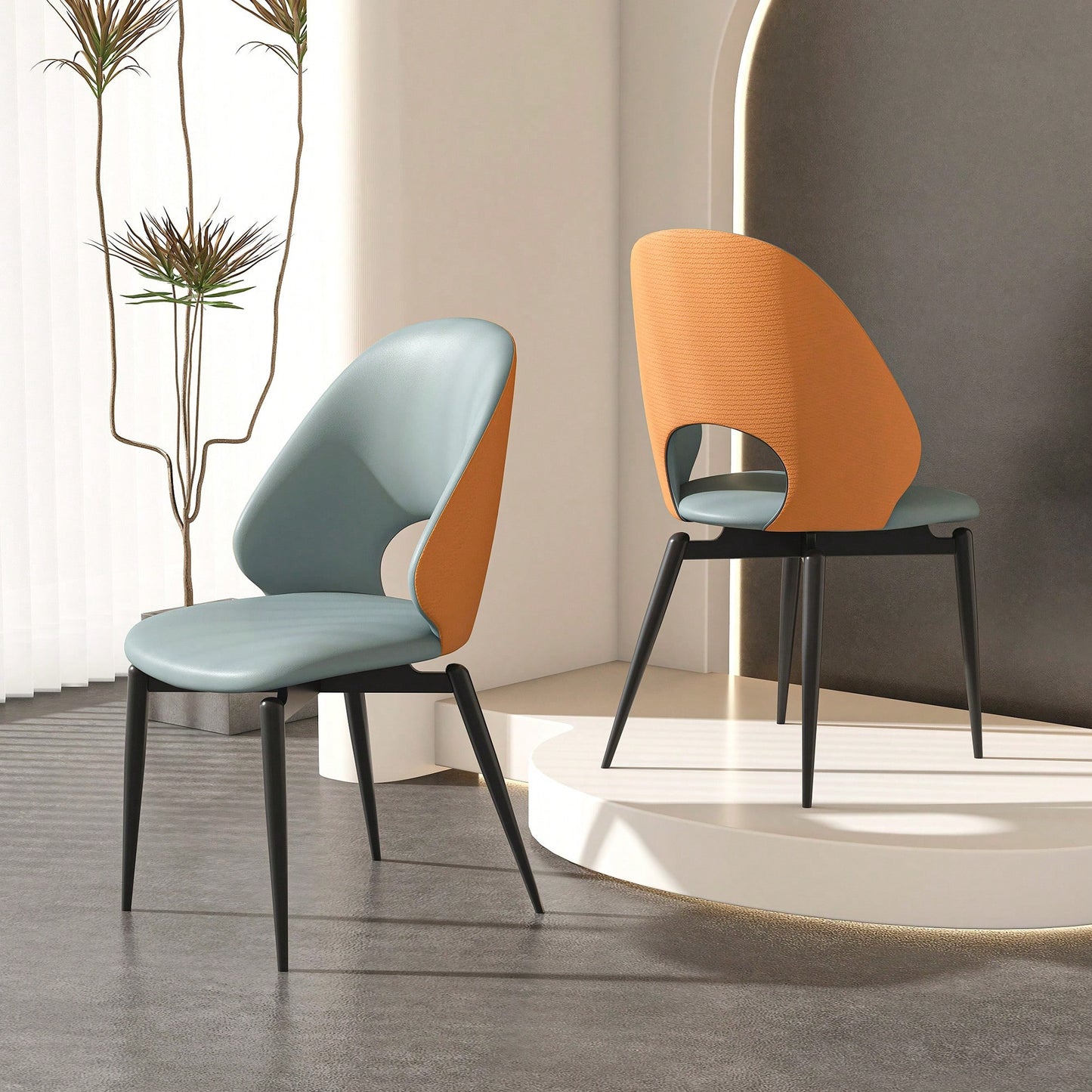 Modern PU Leather Metal Dining Chairs Set Of 2 For Kitchen And Dining Room In Orange And Grey