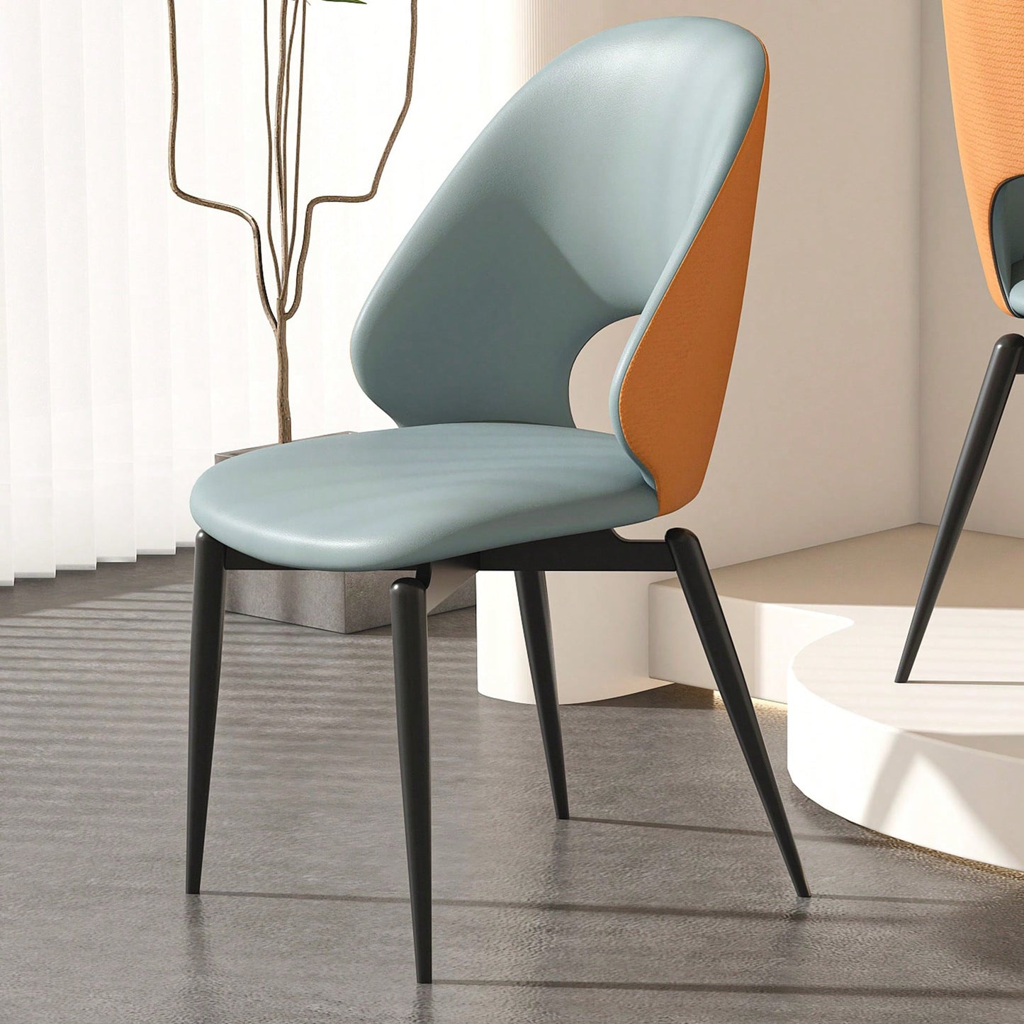 Modern PU Leather Metal Dining Chairs Set Of 2 For Kitchen And Dining Room In Orange And Grey