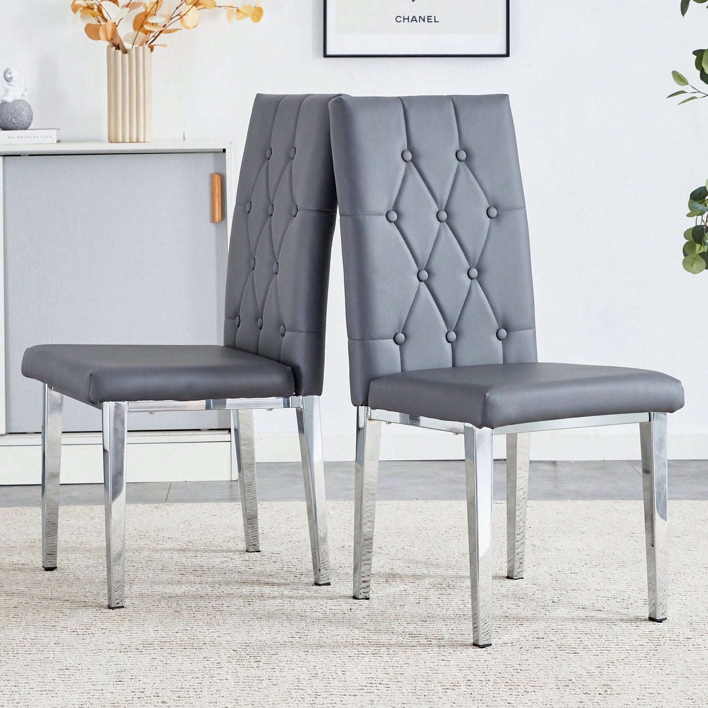 Set Of 2 Elegant Gray Armless Dining Chairs Set With Vintage Grid And Buckle Design