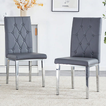 Set Of 2 Elegant Gray Armless Dining Chairs Set With Vintage Grid And Buckle Design