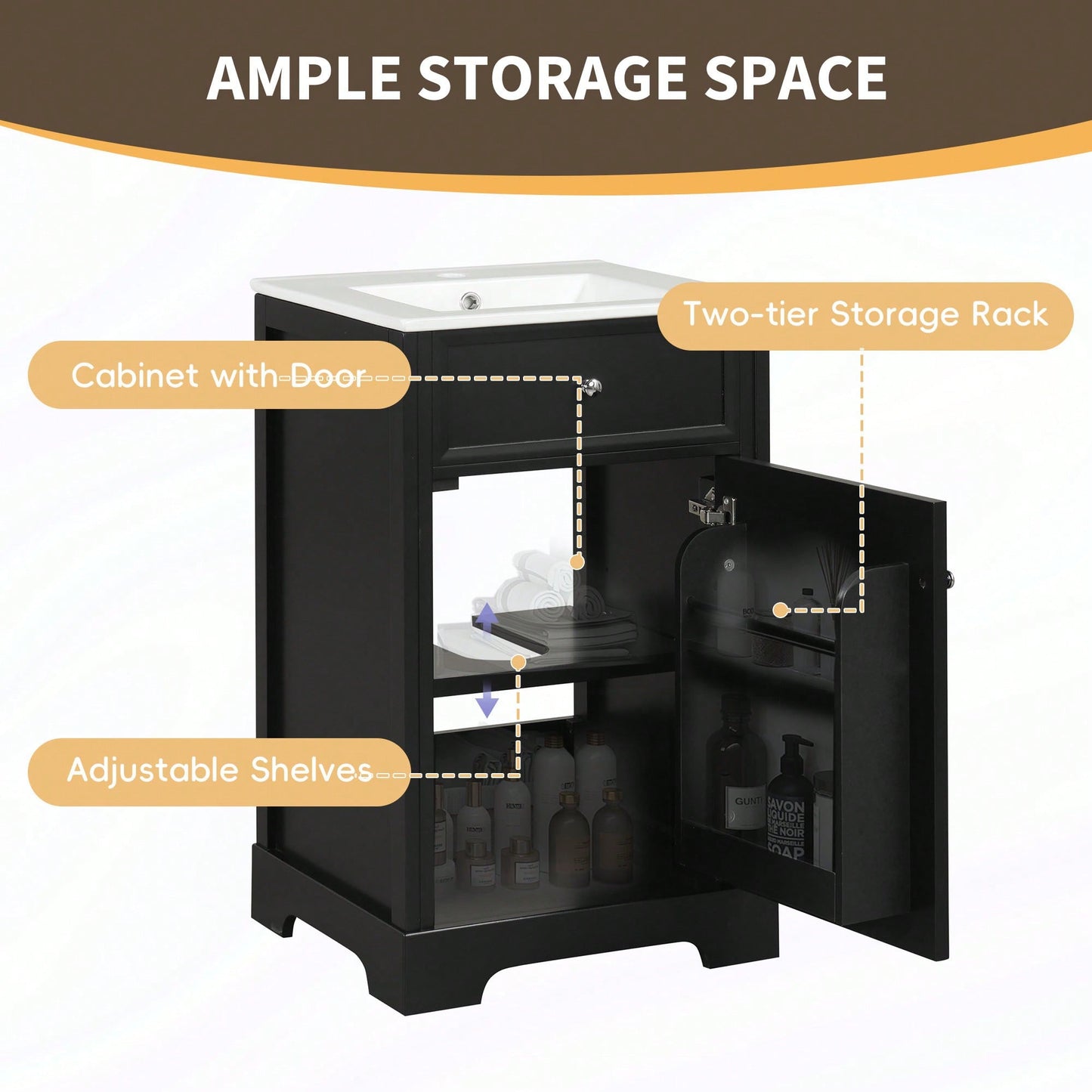 20 Inch Black Bathroom Vanity With Sink Soft Close Door Storage Cabinet Adjustable Shelves