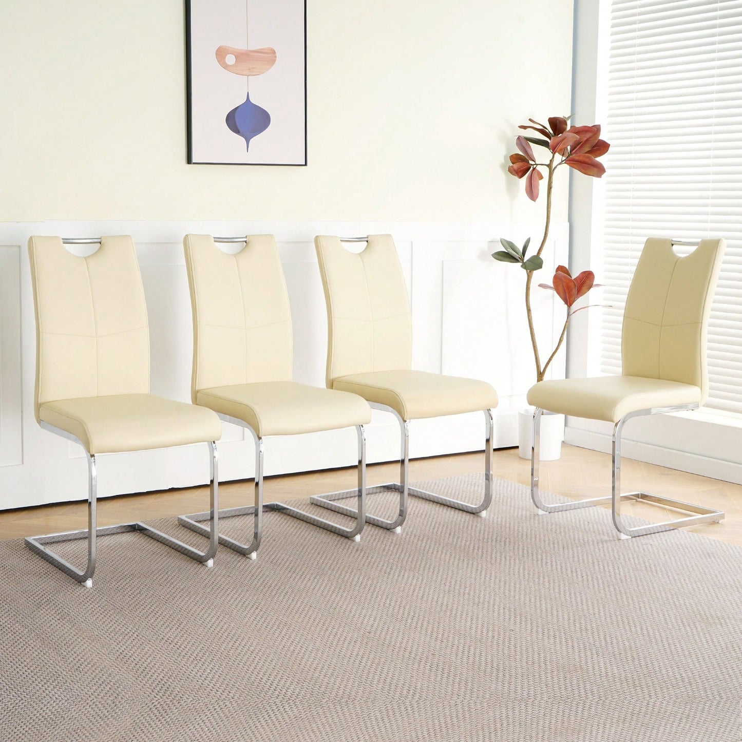 Set Of 4 Modern Light Yellow Upholstered Dining Chairs With Electroplated Metal Legs For Kitchen Living Room Bedroom
