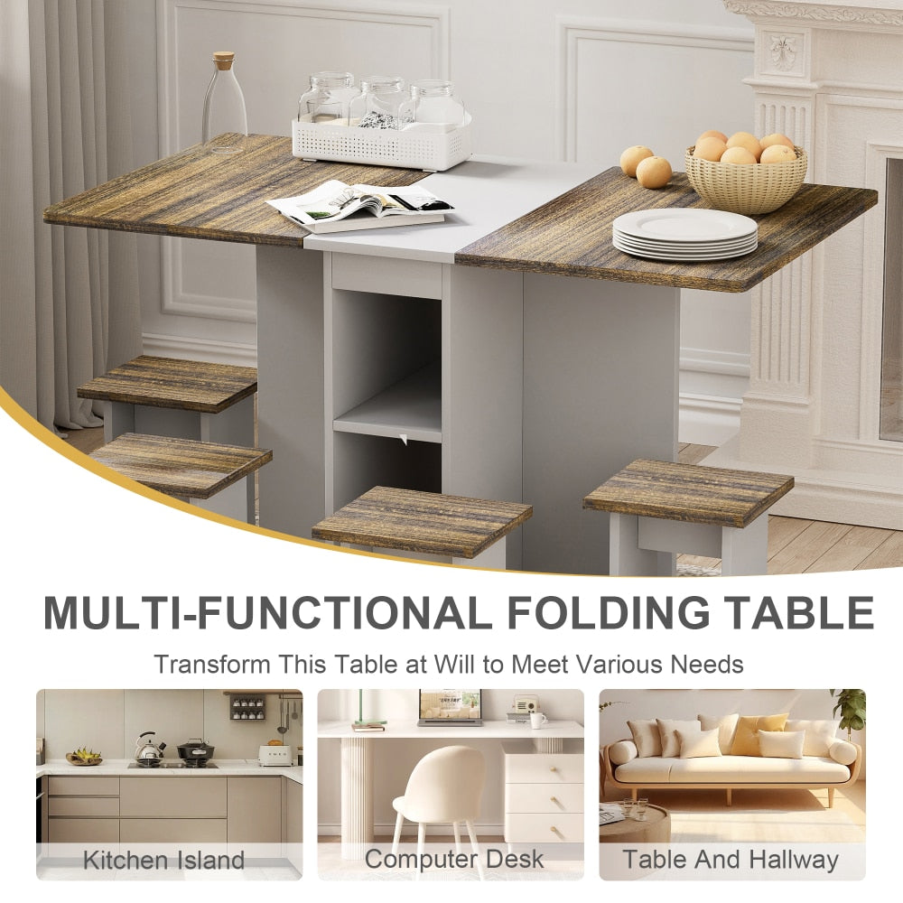 Folding Extendable Dining Table Set With 4 Chairs For Small Spaces, 55 Inch Drop Leaf Wooden Kitchen Table With Storage And Wheels, Brown