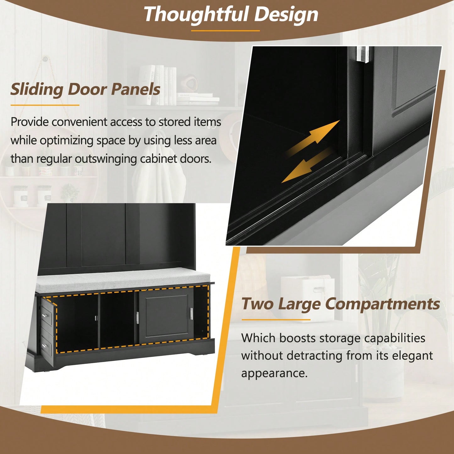 Elegant Hall Tree with Sliding Doors Versatile Coat Rack 6 Hooks Mudroom Bench Cabinet Shoe Storage and Cushion for Hallway Living Room