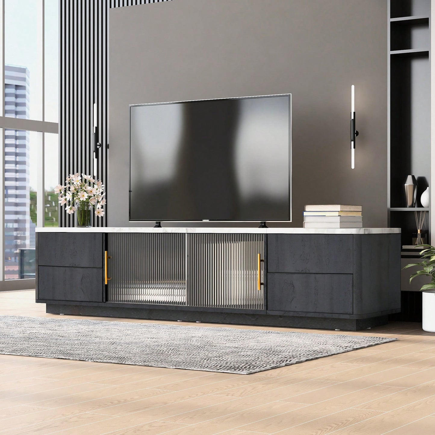 Stylish Modern TV Stand For 70 Inch TV With 4 Drawers And Large Storage Cabinet For Living Room And Bedroom