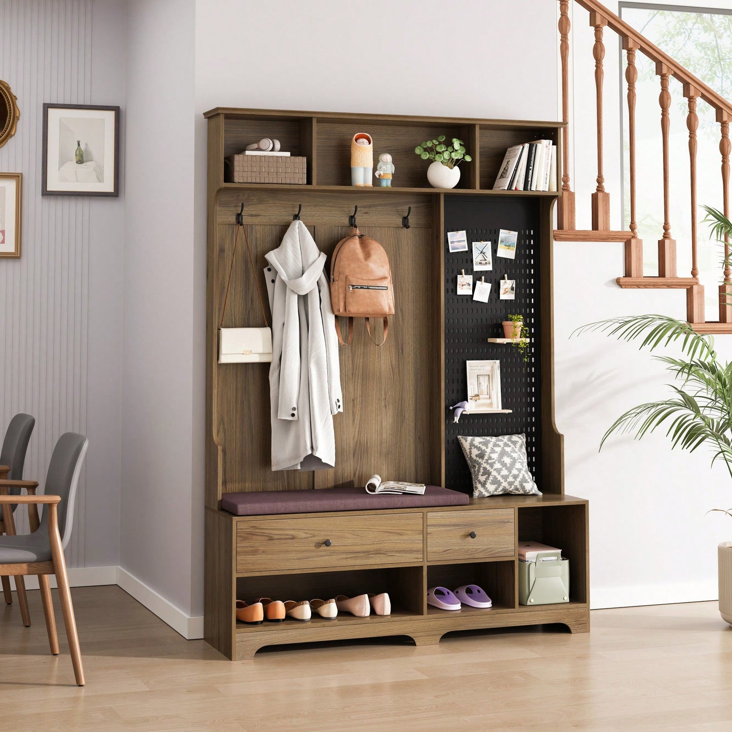 Multi-Functional Hall Tree with Removable Linen Bench, Coat Rack, Storage Shelves, Customizable Pegboard for Entryway in Brown