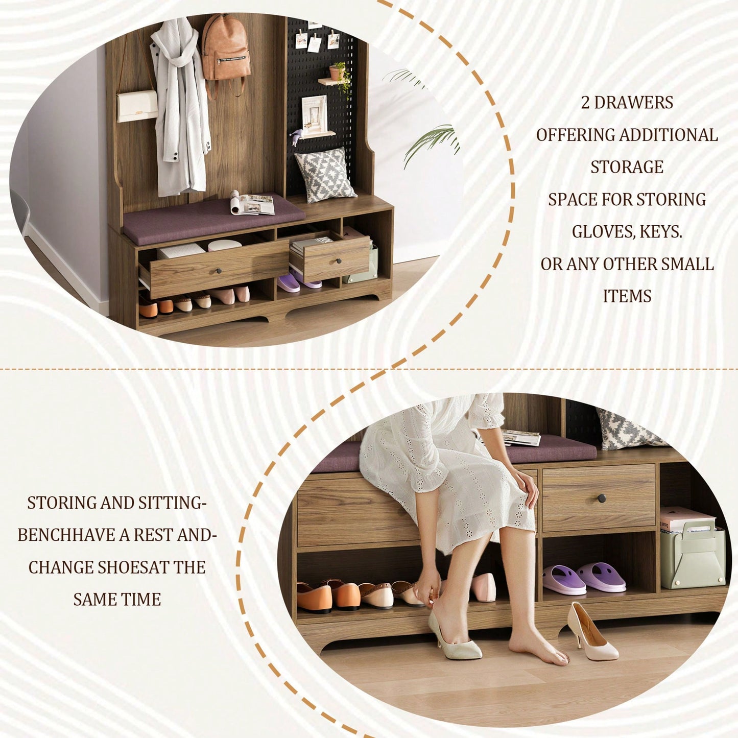 Multi-Functional Hall Tree with Removable Linen Bench, Coat Rack, Storage Shelves, Customizable Pegboard for Entryway in Brown
