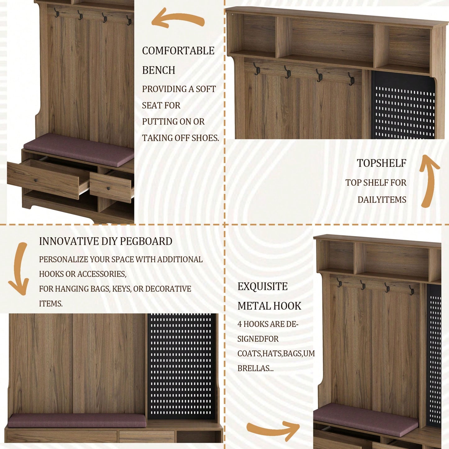 Multi-Functional Hall Tree with Removable Linen Bench, Coat Rack, Storage Shelves, Customizable Pegboard for Entryway in Brown
