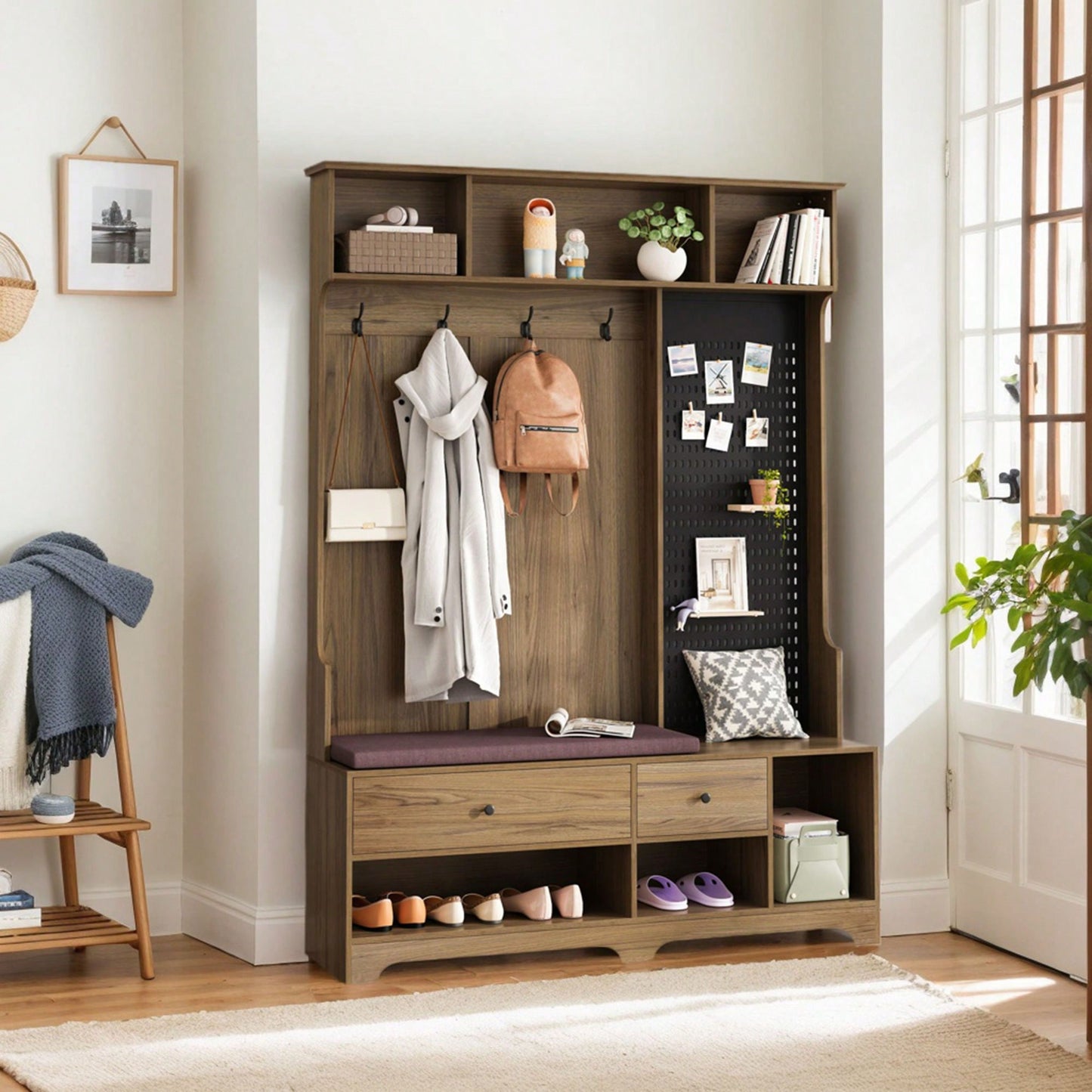 Multi-Functional Hall Tree with Removable Linen Bench, Coat Rack, Storage Shelves, Customizable Pegboard for Entryway in Brown