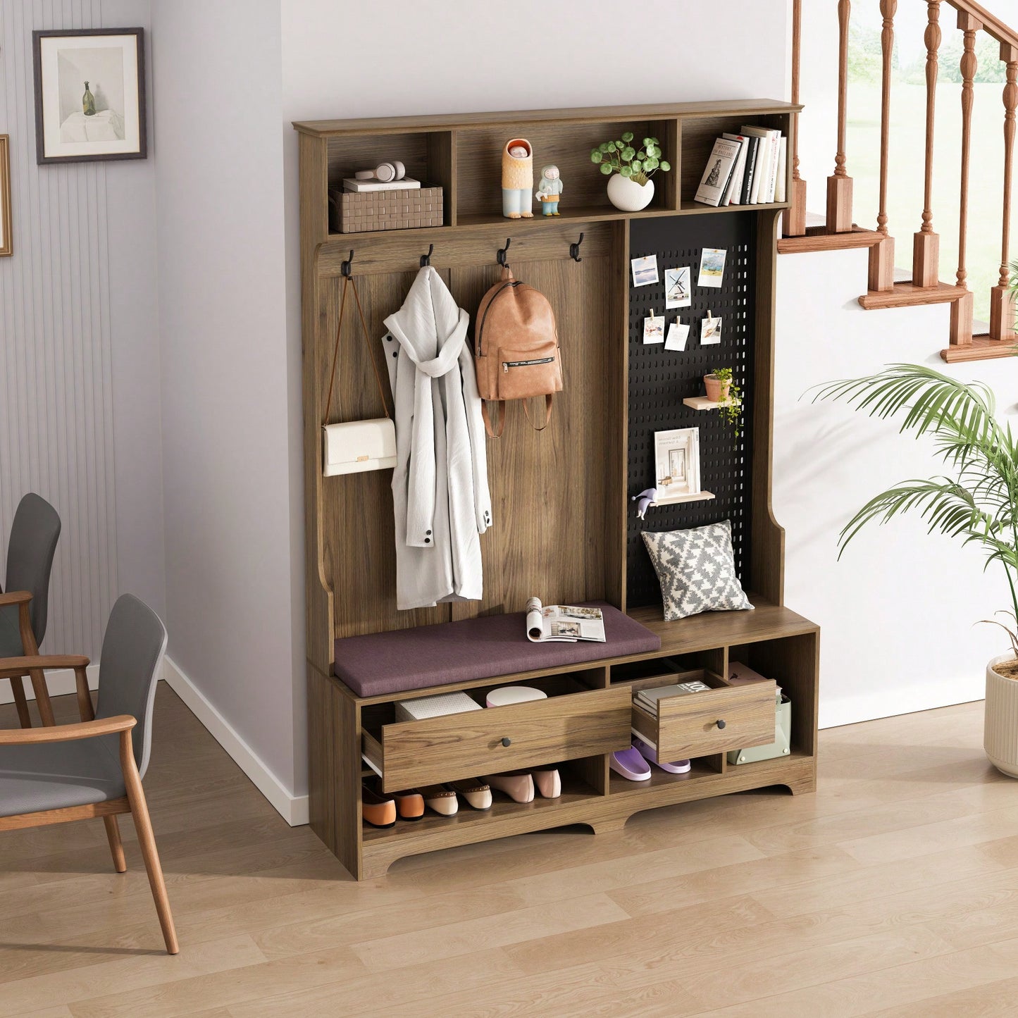 Multi-Functional Hall Tree with Removable Linen Bench, Coat Rack, Storage Shelves, Customizable Pegboard for Entryway in Brown