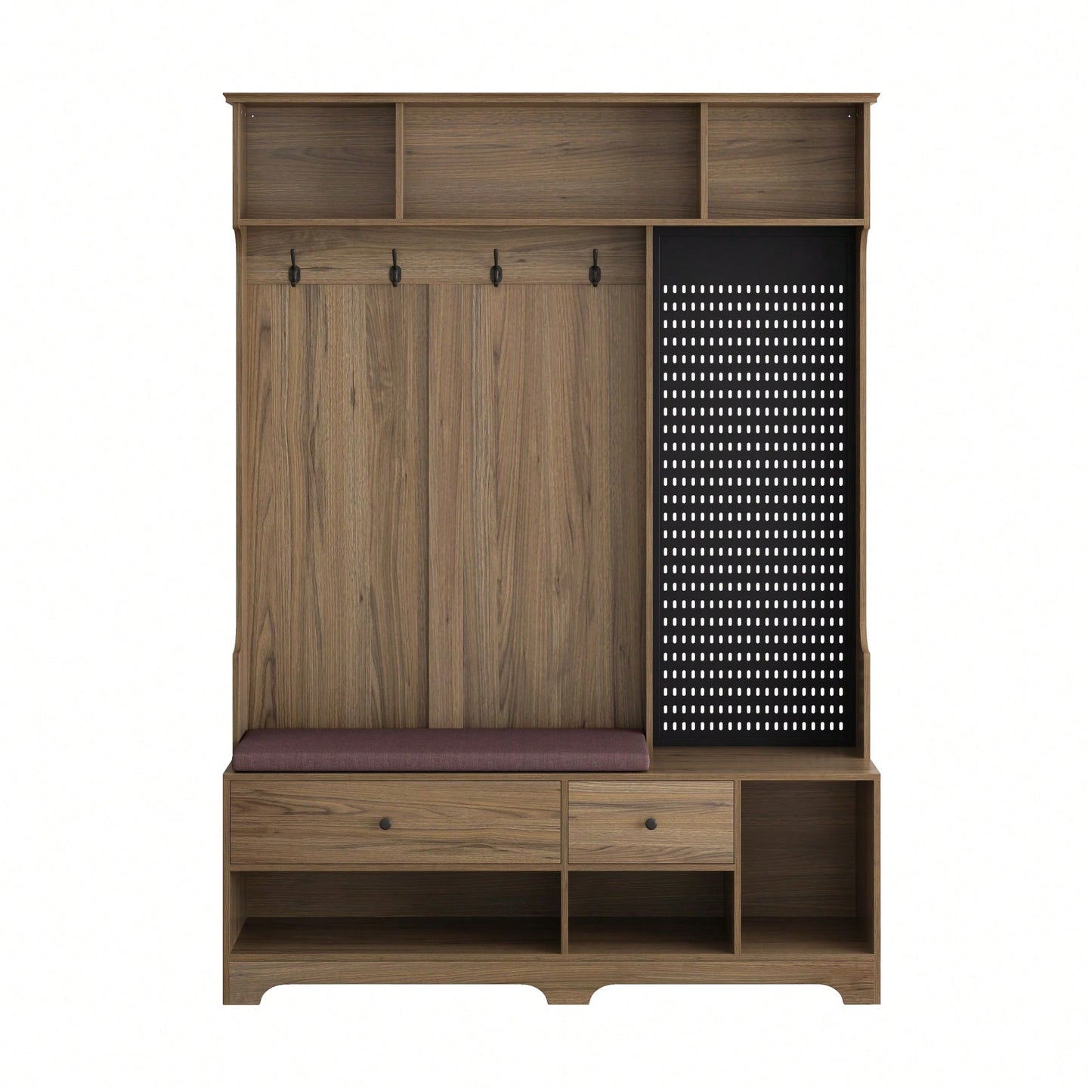 Multi-Functional Hall Tree with Removable Linen Bench, Coat Rack, Storage Shelves, Customizable Pegboard for Entryway in Brown
