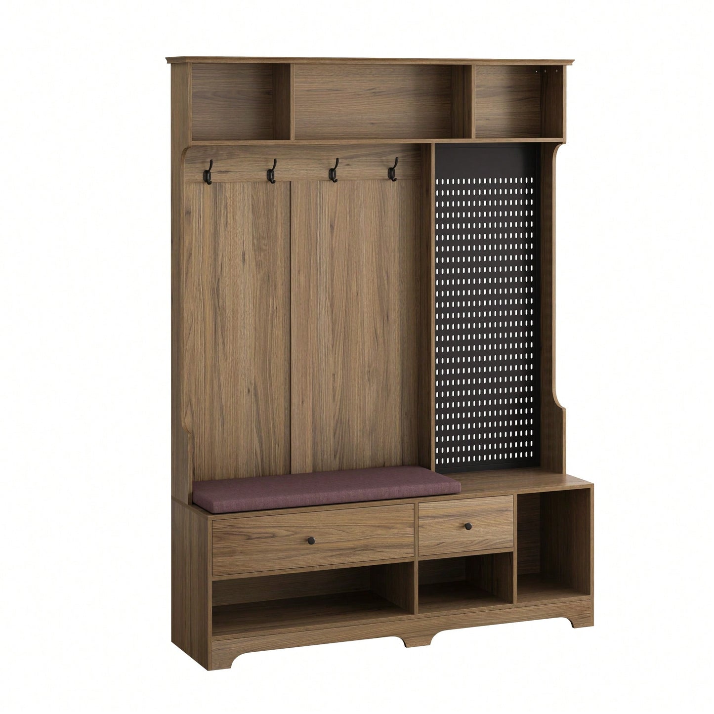 Multi-Functional Hall Tree with Removable Linen Bench, Coat Rack, Storage Shelves, Customizable Pegboard for Entryway in Brown