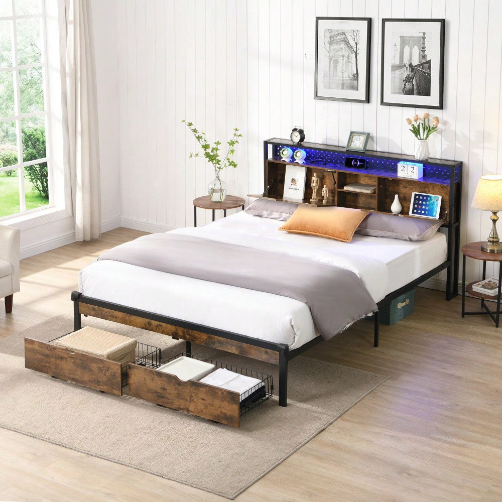 Full Size Metal Platform Bed Frame with Wooden Headboard USB Charging Station Storage Drawers LED Lights Easy Assembly No Box Spring Needed
