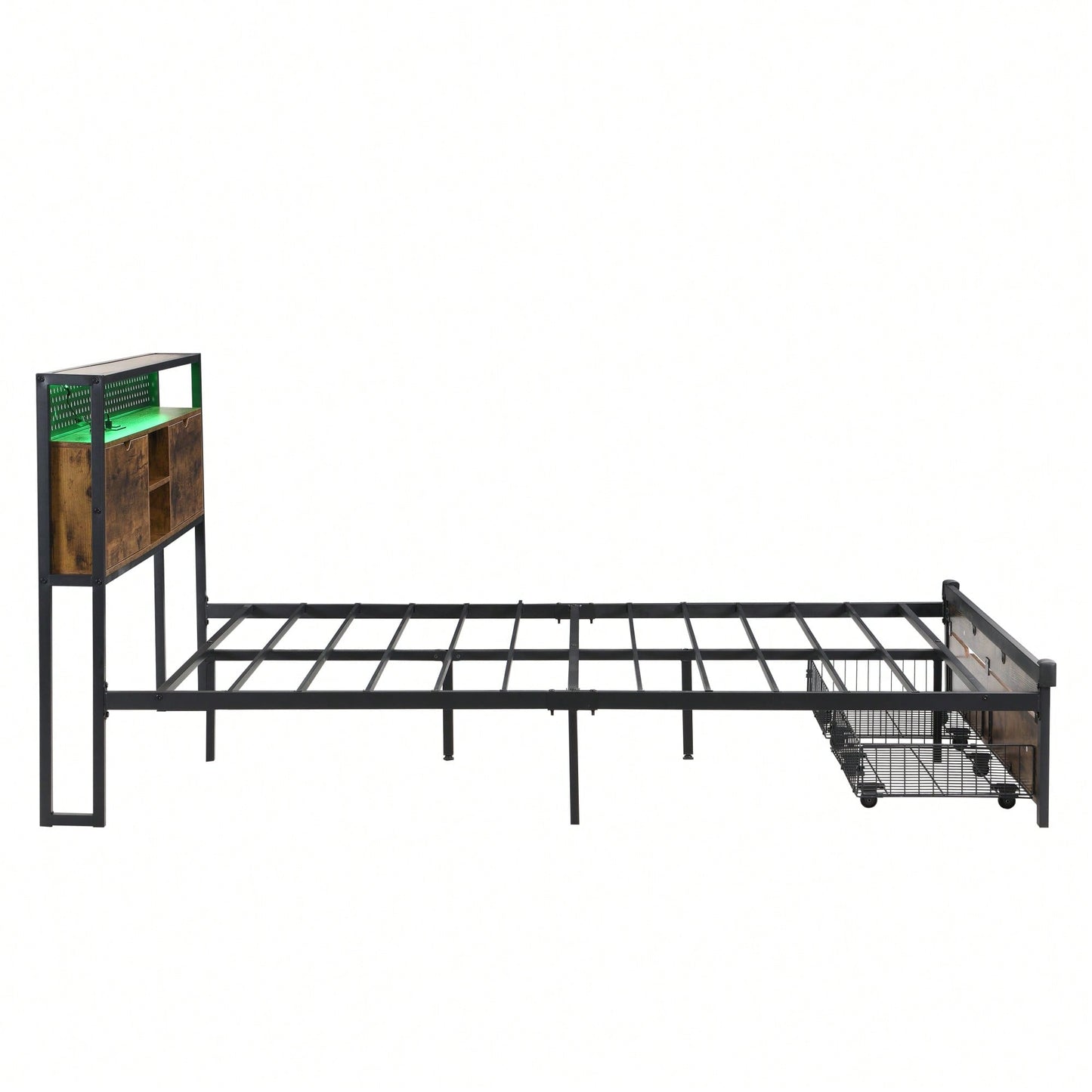 Full Size Metal Platform Bed Frame with Wooden Headboard USB Charging Station Storage Drawers LED Lights Easy Assembly No Box Spring Needed