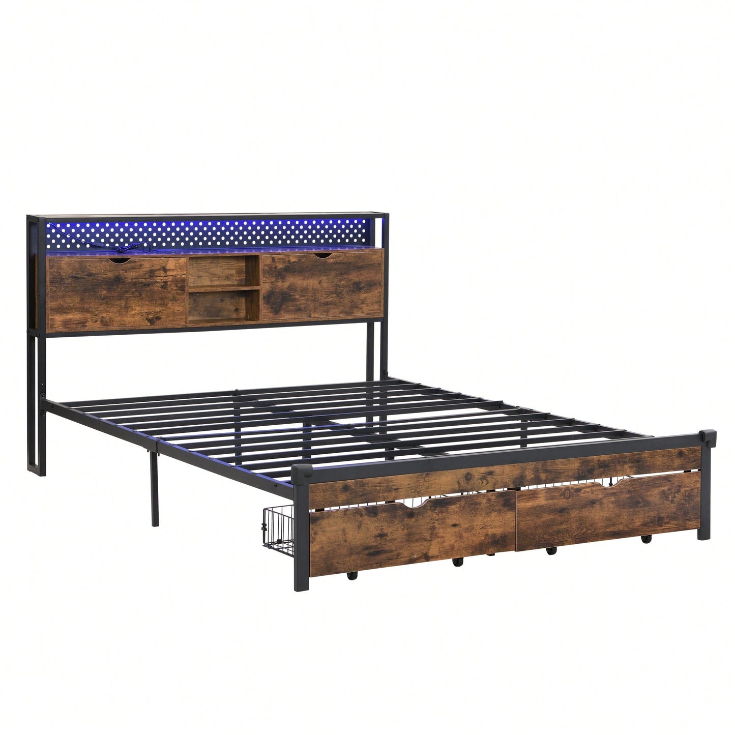 Full Size Metal Platform Bed Frame with Wooden Headboard USB Charging Station Storage Drawers LED Lights Easy Assembly No Box Spring Needed