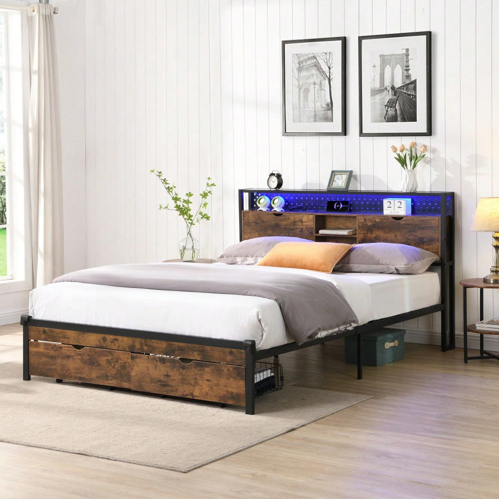 Full Size Metal Platform Bed Frame with Wooden Headboard USB Charging Station Storage Drawers LED Lights Easy Assembly No Box Spring Needed